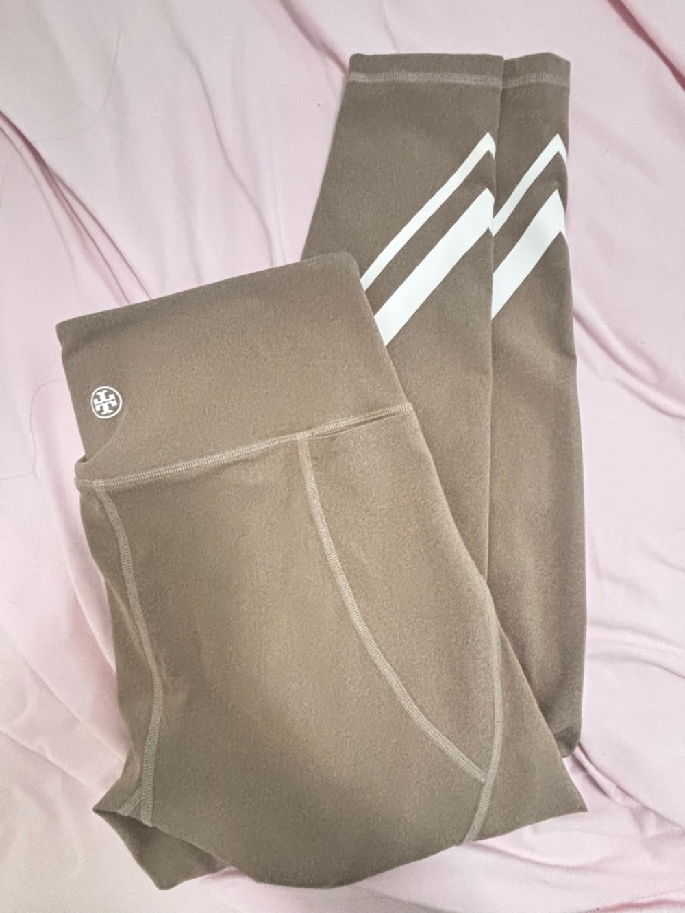 Tory Burch Taupe Leggings with White Chevron Stripes